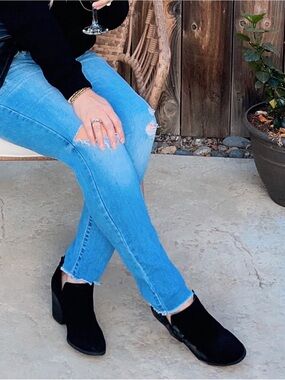 Fergie Black Suede Chunky Heel Ankle Booties